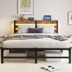 Okwish Lit Double 140x200 cm, Lit Métal Ado avec Éclairage LED et Prises USB, Rangement dessous, Sans Matelas, Métal et Bois, Noir, Brun