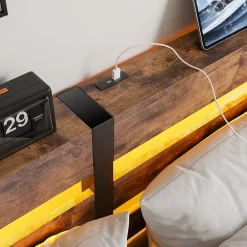 Okwish Lit Double 140x200 cm, Lit Métal Ado avec Éclairage LED et Prises USB, Rangement dessous, Sans Matelas, Métal et Bois, Noir, Brun