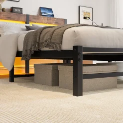 Okwish Lit Double 140x200 cm, Lit Métal Ado avec Éclairage LED et Prises USB, Rangement dessous, Sans Matelas, Métal et Bois, Noir, Brun