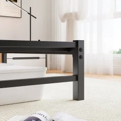 Okwish Lit Double 140x200 cm, Lit Métal Ado avec Éclairage LED et Prises USB, Rangement dessous, Sans Matelas, Métal et Bois, Noir, Brun
