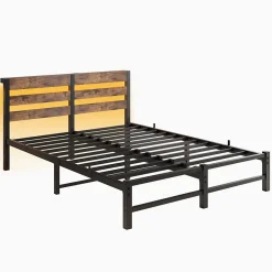 Okwish Lit Double 140x200 cm, Lit Métal Ado avec Éclairage LED et Prises USB, Rangement dessous, Sans Matelas, Métal et Bois, Noir, Brun
