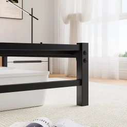 Okwish Lit Double 140x200 cm, Lit Métal Ado avec Éclairage LED et Prises USB, Rangement dessous, Sans Matelas, Métal et Bois, Noir Clearance
