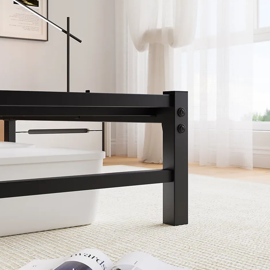Okwish Lit Double 140x200 cm, Lit Métal Ado avec Éclairage LED et Prises USB, Rangement dessous, Sans Matelas, Métal et Bois, Noir Clearance