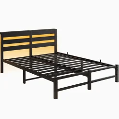 Okwish Lit Double 140x200 cm, Lit Métal Ado avec Éclairage LED et Prises USB, Rangement dessous, Sans Matelas, Métal et Bois, Noir Clearance