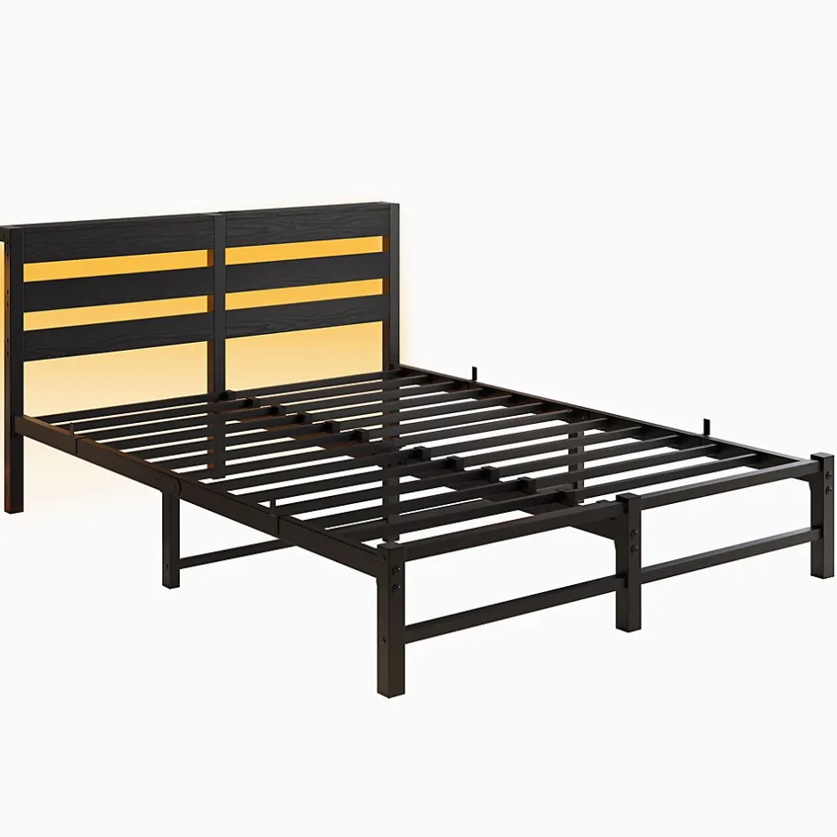 Okwish Lit Double 140x200 cm, Lit Métal Ado avec Éclairage LED et Prises USB, Rangement dessous, Sans Matelas, Métal et Bois, Noir Clearance