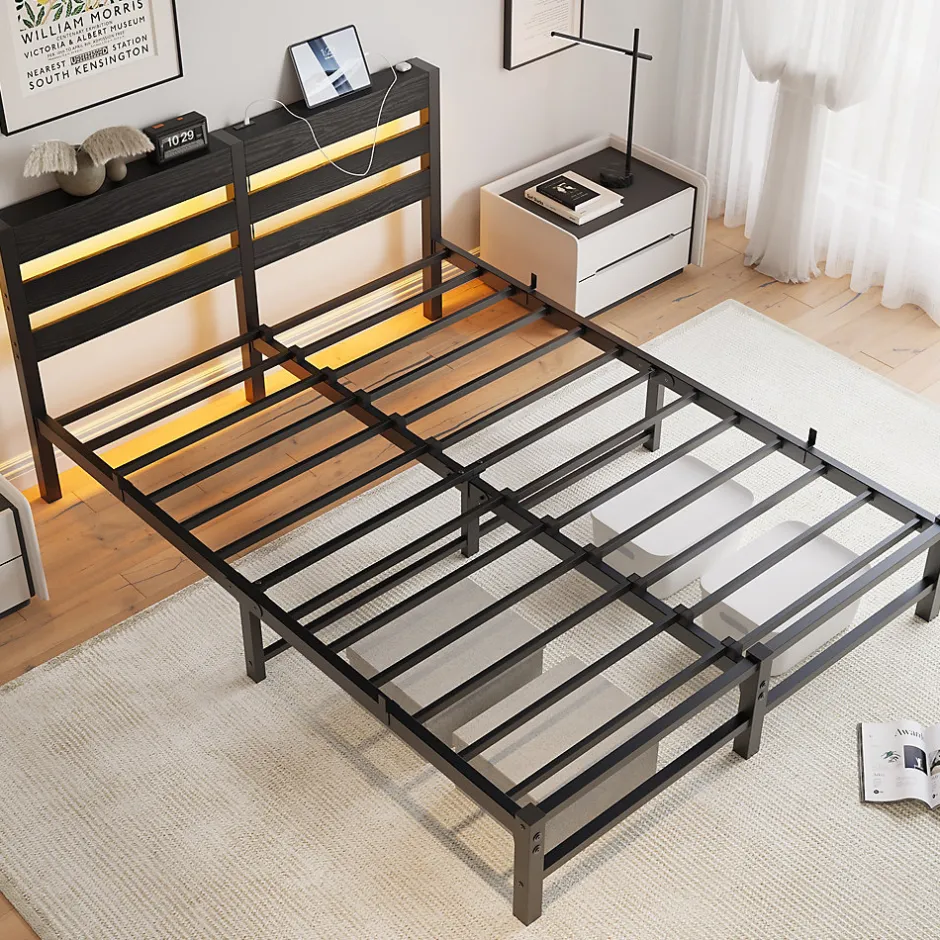 Okwish Lit Double 140x200 cm, Lit Métal Ado avec Éclairage LED et Prises USB, Rangement dessous, Sans Matelas, Métal et Bois, Noir Clearance