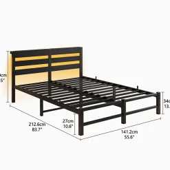 Okwish Lit Double 140x200 cm, Lit Métal Ado avec Éclairage LED et Prises USB, Rangement dessous, Sans Matelas, Métal et Bois, Noir Clearance
