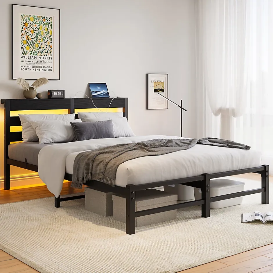 Okwish Lit Double 140x200 cm, Lit Métal Ado avec Éclairage LED et Prises USB, Rangement dessous, Sans Matelas, Métal et Bois, Noir Clearance