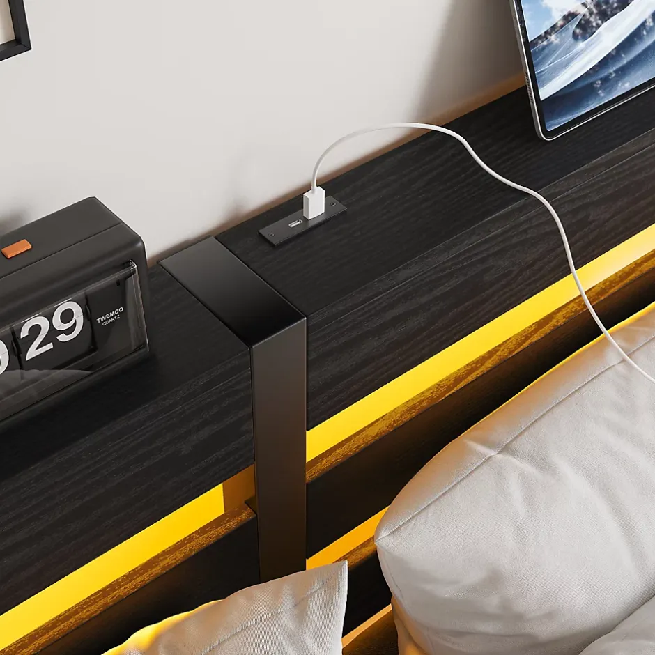 Okwish Lit Double 140x200 cm, Lit Métal Ado avec Éclairage LED et Prises USB, Rangement dessous, Sans Matelas, Métal et Bois, Noir Clearance