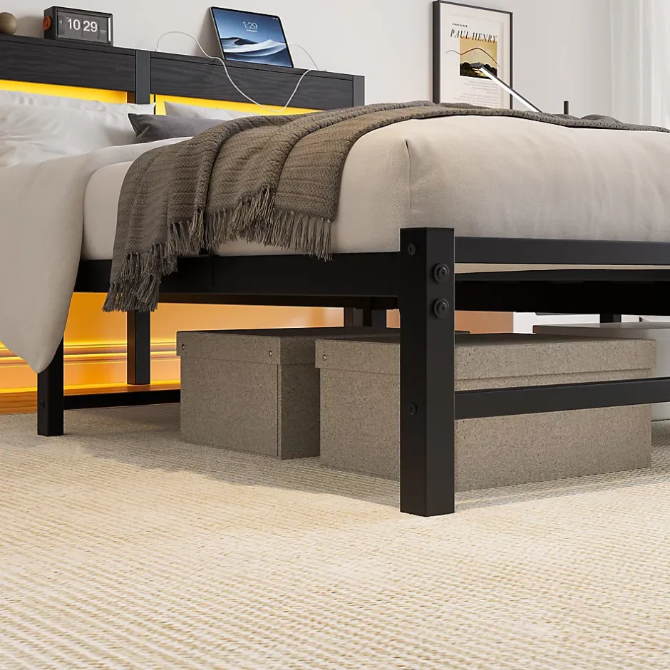 Okwish Lit Double 140x200 cm, Lit Métal Ado avec Éclairage LED et Prises USB, Rangement dessous, Sans Matelas, Métal et Bois, Noir Clearance