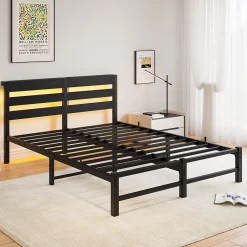 Okwish Lit Double 140x200 cm, Lit Métal Ado avec Éclairage LED et Prises USB, Rangement dessous, Sans Matelas, Métal et Bois, Noir Clearance