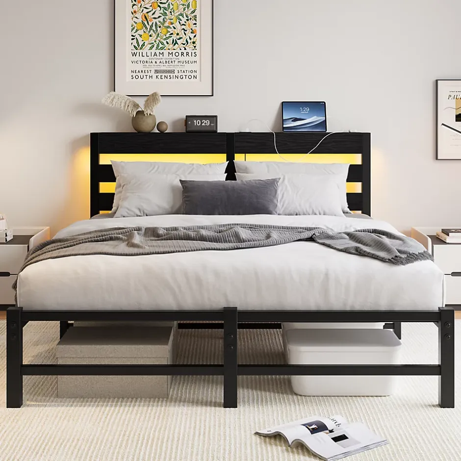 Okwish Lit Double 140x200 cm, Lit Métal Ado avec Éclairage LED et Prises USB, Rangement dessous, Sans Matelas, Métal et Bois, Noir Clearance