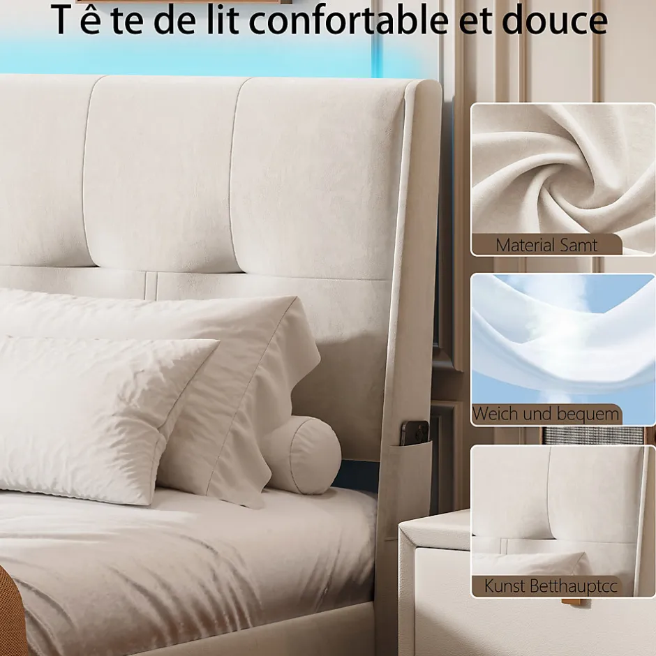 ProximaX Lit double 140x200 cm moderne avec tête rembourrée, LED intégrées et rangement sous sommier, design minimaliste beige