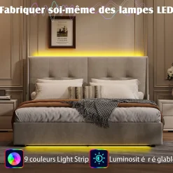 ProximaX Lit double 140x200 cm moderne avec tête rembourrée, LED intégrées et rangement sous sommier, design minimaliste beige