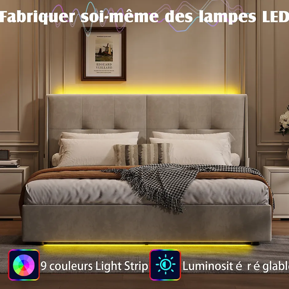 ProximaX Lit double 140x200 cm moderne avec tête rembourrée, LED intégrées et rangement sous sommier, design minimaliste beige
