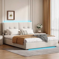 ProximaX Lit double 140x200 cm moderne avec tête rembourrée, LED intégrées et rangement sous sommier, design minimaliste beige