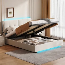 ProximaX Lit double 140x200 cm moderne avec tête rembourrée, LED intégrées et rangement sous sommier, design minimaliste beige