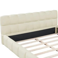 ProximaX Lit double 160x200 cm pour jeune avec dossier et bordure rembourrés, sommier à lattes, lin, matelas non inclus, Beige