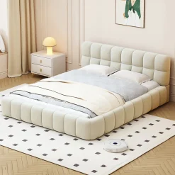 ProximaX Lit double 160x200 cm pour jeune avec dossier et bordure rembourrés, sommier à lattes, lin, matelas non inclus, Beige
