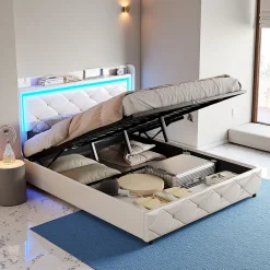 ProximaX Lit double 160x200 cm PU blanc capitonné cristal avec coffre hydraulique, ports de charge et lumière LED