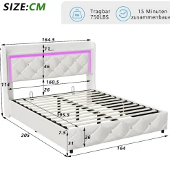 ProximaX Lit double 160x200 cm PU blanc capitonné cristal avec coffre hydraulique, ports de charge et lumière LED