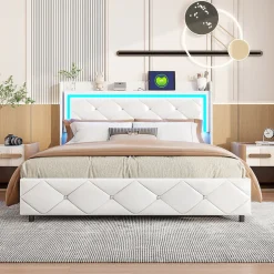 ProximaX Lit double 160x200 cm PU blanc capitonné cristal avec coffre hydraulique, ports de charge et lumière LED