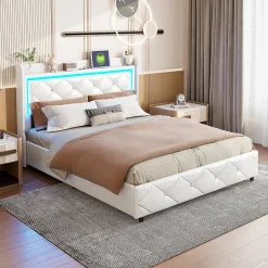 ProximaX Lit double 160x200 cm PU blanc capitonné cristal avec coffre hydraulique, ports de charge et lumière LED