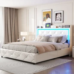 ProximaX Lit double 160x200 cm PU blanc capitonné cristal avec coffre hydraulique, ports de charge et lumière LED