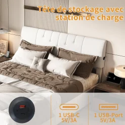 Simple Life Lit double 160x200 cm, rangement à vérin hydraulique, tête de lit USB, cadre robuste, bouclette, Crème
