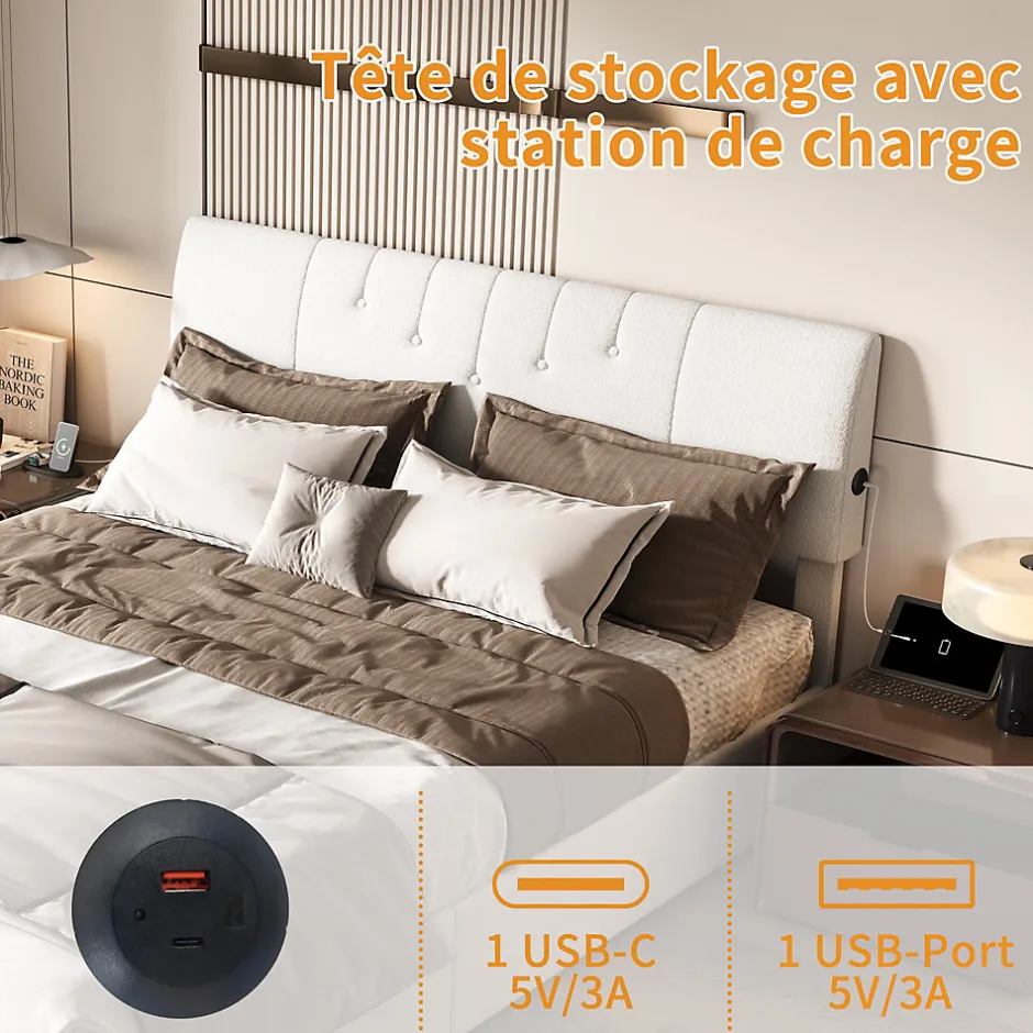 Simple Life Lit double 160x200 cm, rangement à vérin hydraulique, tête de lit USB, cadre robuste, bouclette, Crème