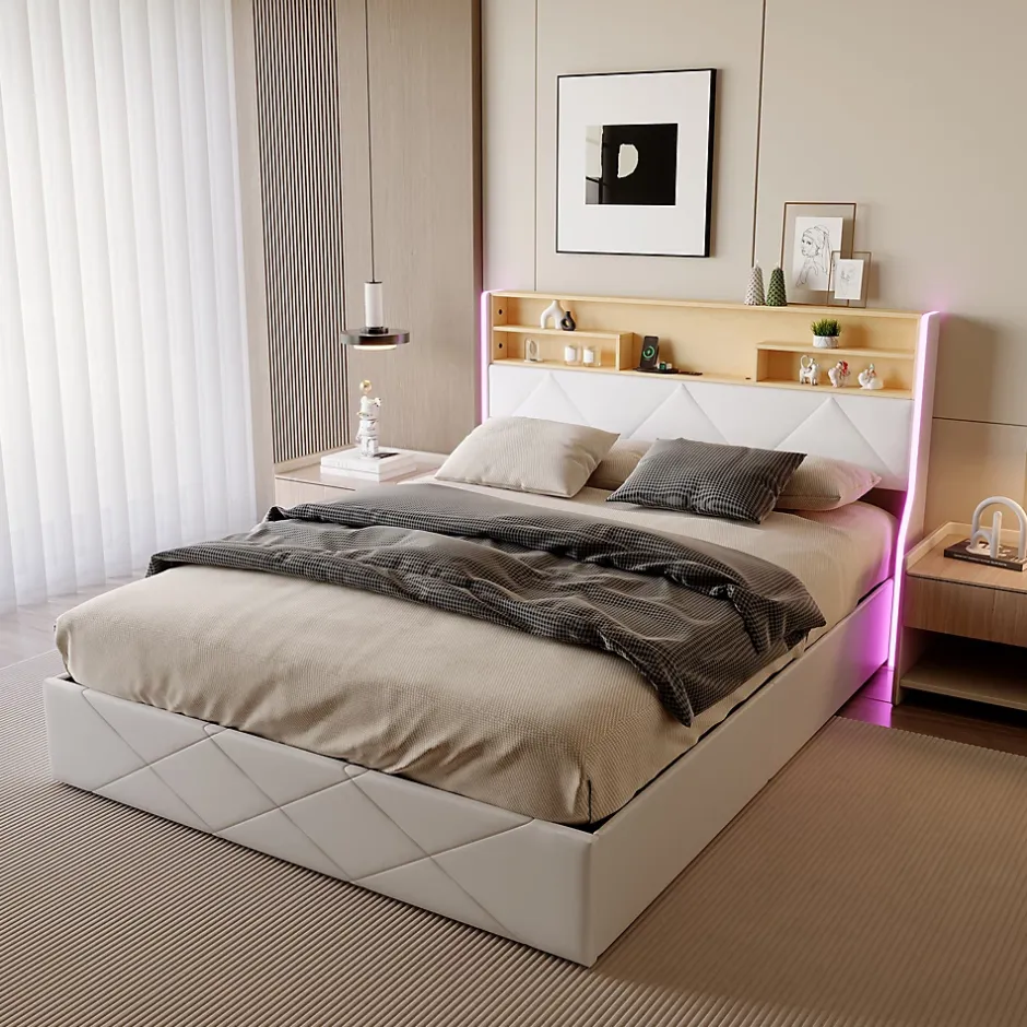 Simple Life Lit double 160x200 cm, rangement à vérin hydraulique, tête de lit USB, LED, effet pierre, PU, Blanc Discount