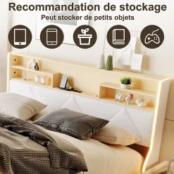 Simple Life Lit double 160x200 cm, rangement à vérin hydraulique, tête de lit USB, LED, effet pierre, PU, Blanc Discount