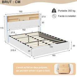 Simple Life Lit double 160x200 cm, rangement à vérin hydraulique, tête de lit USB, LED, effet pierre, PU, Blanc Discount
