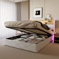 Simple Life Lit double 160x200 cm, rangement à vérin hydraulique, tête de lit USB, LED, effet pierre, PU, Blanc Discount