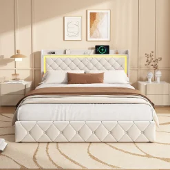 Simple Life Lit double 140x200 cm, rangement, tête de lit étagères, LED, USB Type-C, Velours, Beige