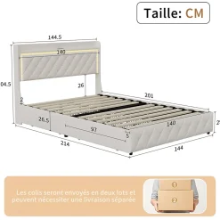 Simple Life Lit double 140x200 cm, rangement, tête de lit étagères, LED, USB Type-C, Velours, Beige