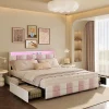 Simple Life Lit double 140x190 cm, rangement, tête LED multicolore, USB, 4 tiroirs, Velours, Blanc Rose