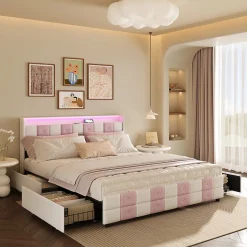 Simple Life Lit double 140x190 cm, rangement, tête LED multicolore, USB, 4 tiroirs, Velours, Blanc Rose
