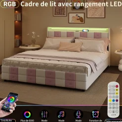 Simple Life Lit double 140x190 cm, rangement, tête LED multicolore, USB, 4 tiroirs, Velours, Blanc Rose