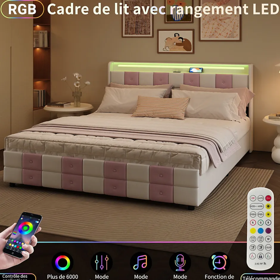 Simple Life Lit double 140x190 cm, rangement, tête LED multicolore, USB, 4 tiroirs, Velours, Blanc Rose