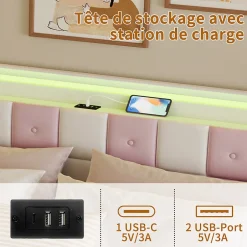Simple Life Lit double 140x190 cm, rangement, tête LED multicolore, USB, 4 tiroirs, Velours, Blanc Rose