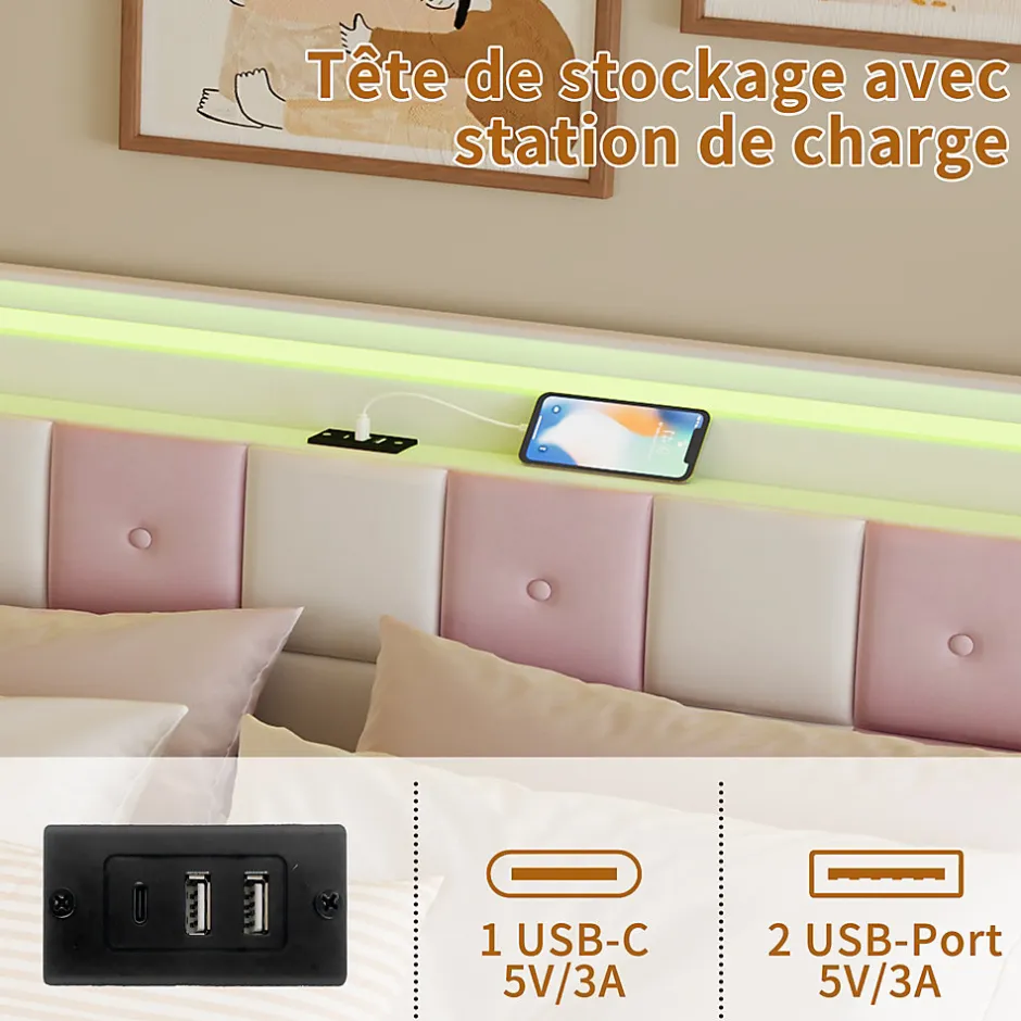Simple Life Lit double 140x190 cm, rangement, tête LED multicolore, USB, 4 tiroirs, Velours, Blanc Rose
