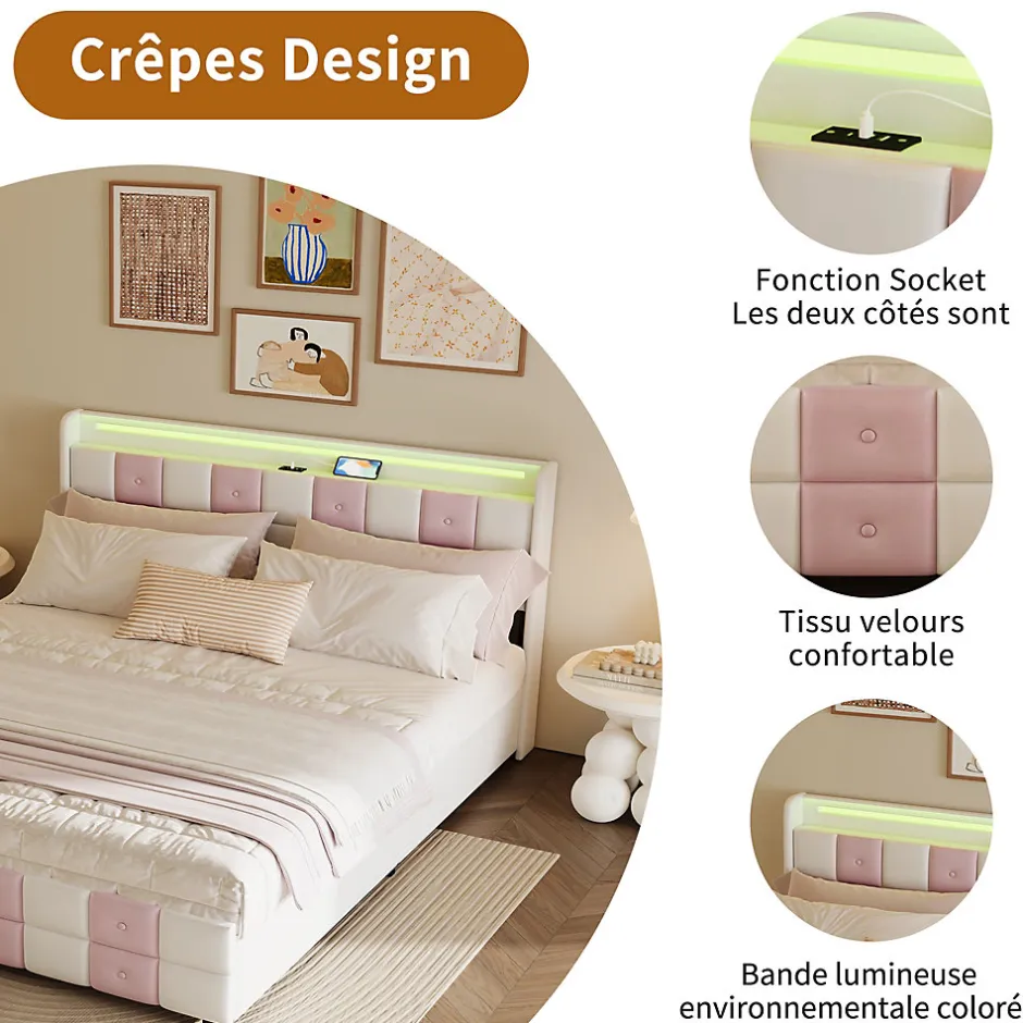 Simple Life Lit double 140x190 cm, rangement, tête LED multicolore, USB, 4 tiroirs, Velours, Blanc Rose