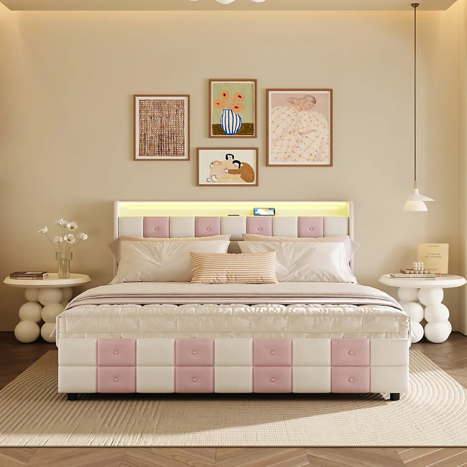 Simple Life Lit double 140x190 cm, rangement, tête LED multicolore, USB, 4 tiroirs, Velours, Blanc Rose