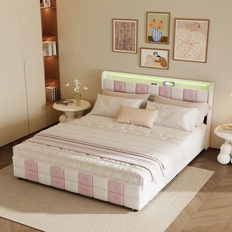 Simple Life Lit double 140x190 cm, rangement, tête LED multicolore, USB, 4 tiroirs, Velours, Blanc Rose