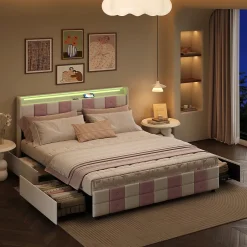 Simple Life Lit double 140x190 cm, rangement, tête LED multicolore, USB, 4 tiroirs, Velours, Blanc Rose