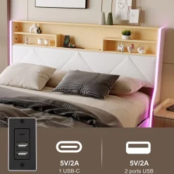 Simple Life Lit double 140x200 cm, rangement à vérin hydraulique, tête de lit USB, LED, effet pierre, PU, Blanc Sale