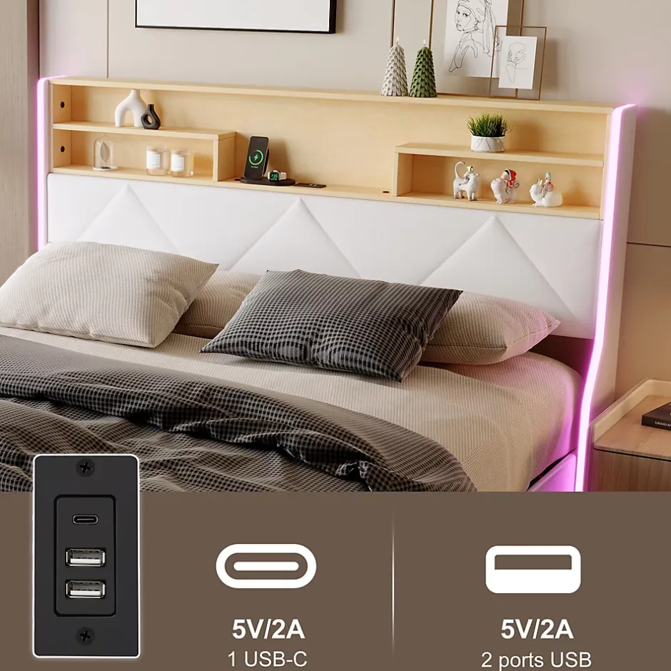 Simple Life Lit double 140x200 cm, rangement à vérin hydraulique, tête de lit USB, LED, effet pierre, PU, Blanc Sale