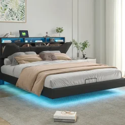 ProximaX Lit double 140x200 cm rembourré gris en PU avec LED, ports USB, tête de lit et coffre de rangement