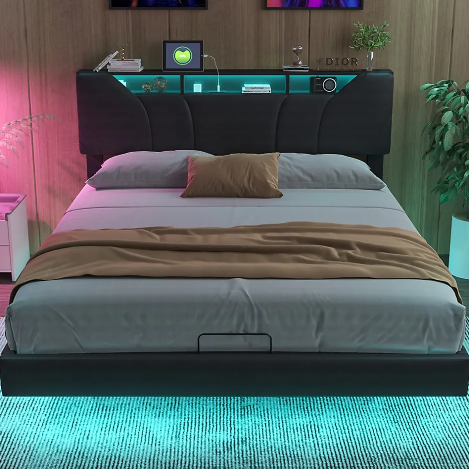 ProximaX Lit double 140x200 cm rembourré gris en PU avec LED, ports USB, tête de lit et coffre de rangement